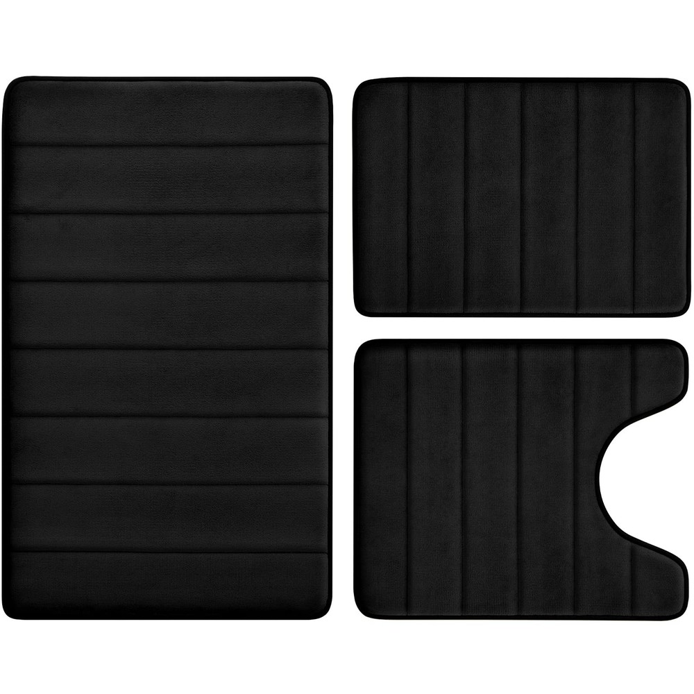 Washable Bath Mat Set, Soft Memory Foam, Non Slip 3pc, Black