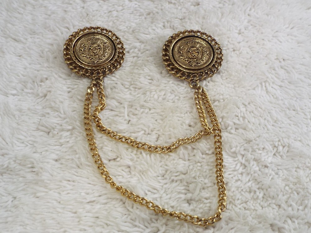 Goldtone Crown Crest Heraldry Double Chained Pins (B60)