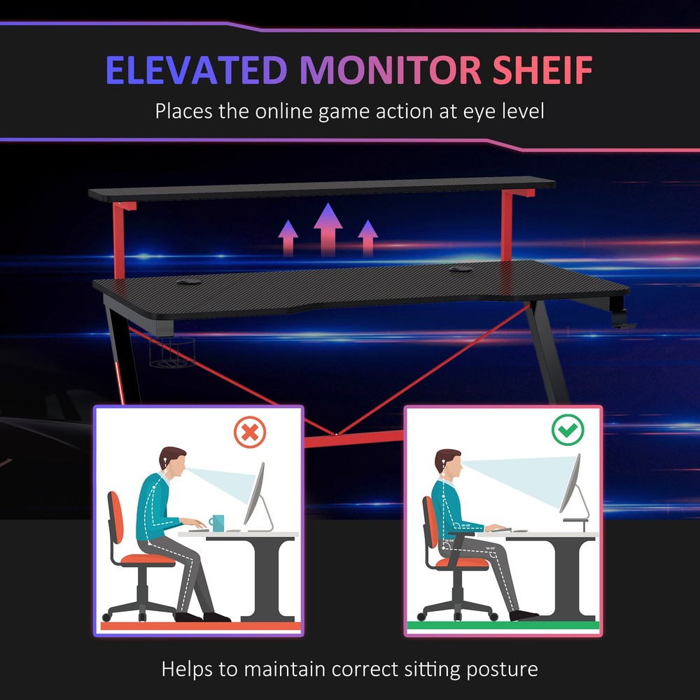 Gaming Computer Desk with Rotating Cup Holder and K Shaped Frame, Red