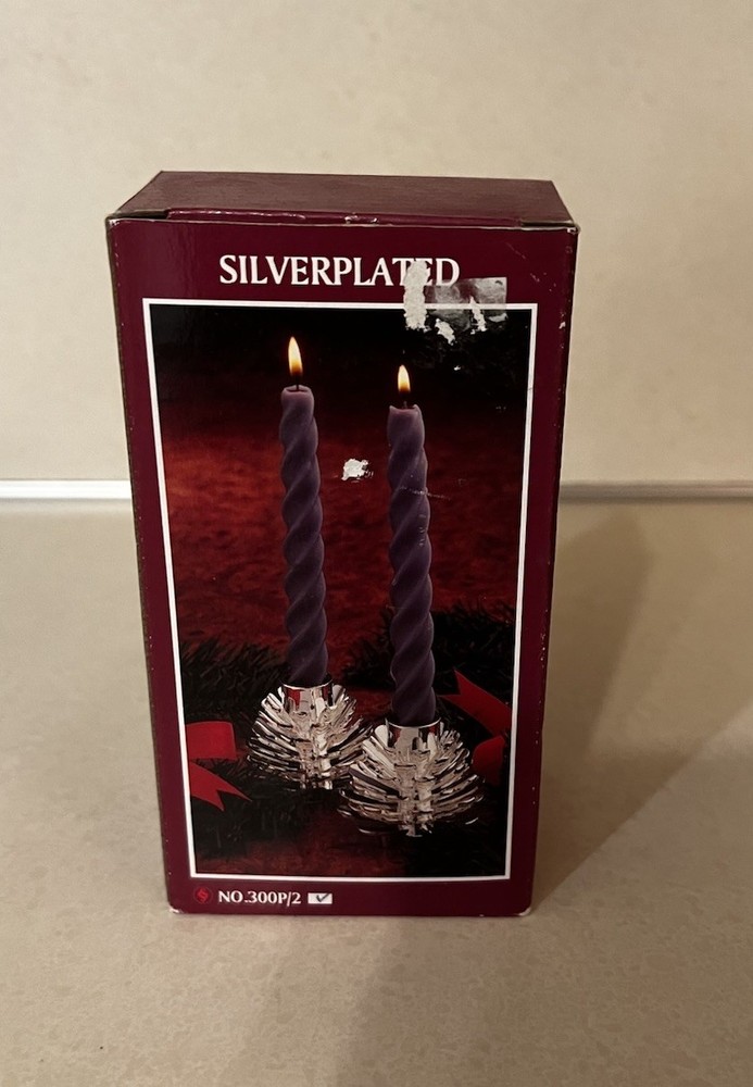 Silverplated Pine Cone Candle Holders Set 2 NIB