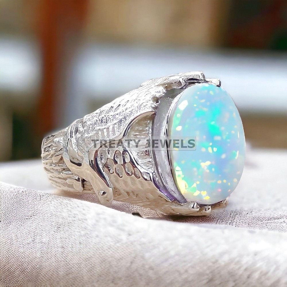Opal Oval Cut Gemstone With 14K Solid White Gold Ring For Men's #859