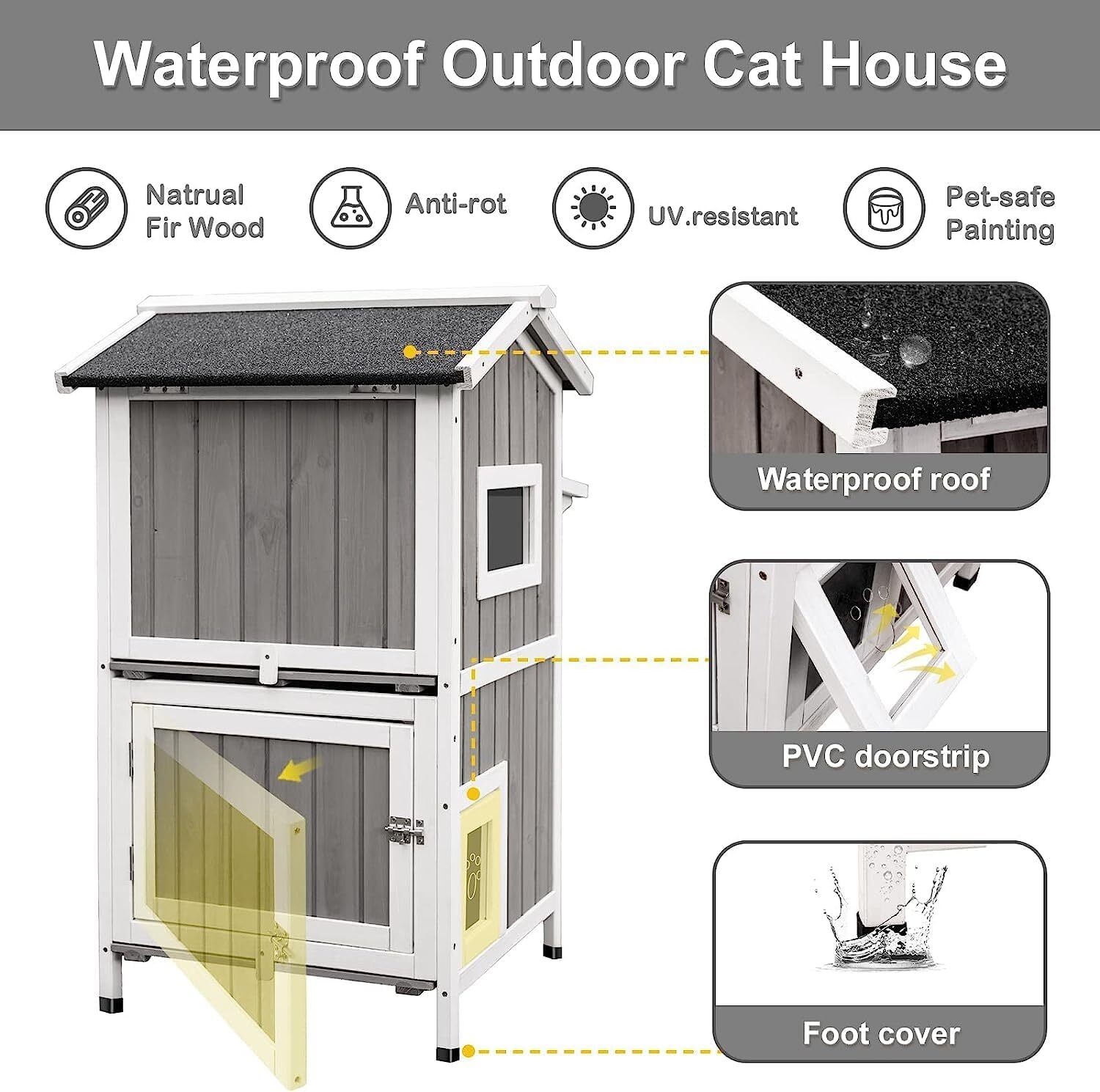 PetsCosset Outdoor Cat Shelter Two Story Wooden Cat House with Roof,Grey
