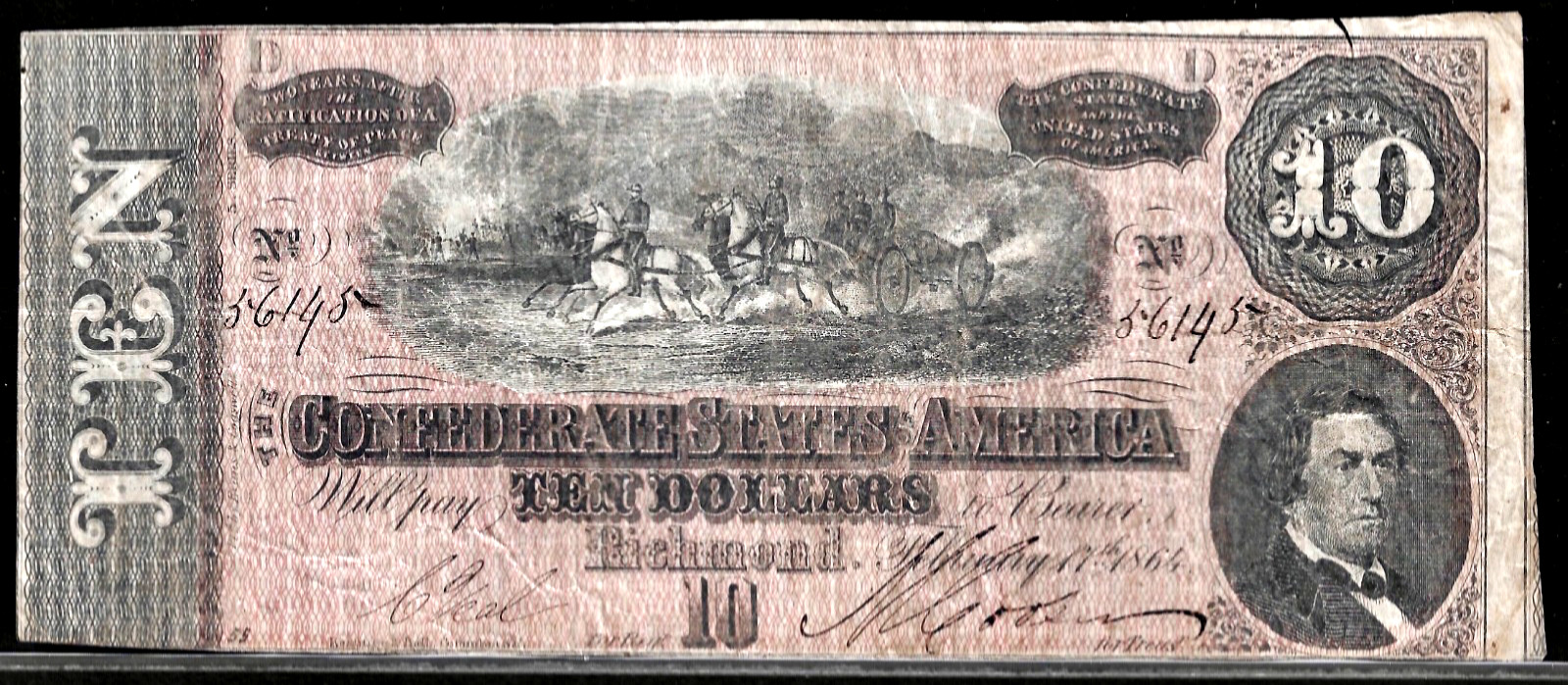 1864 CSA CONFEDERATE STATES AMERICA CURRENCY $10 Dollar Note S/N 56145 T-68