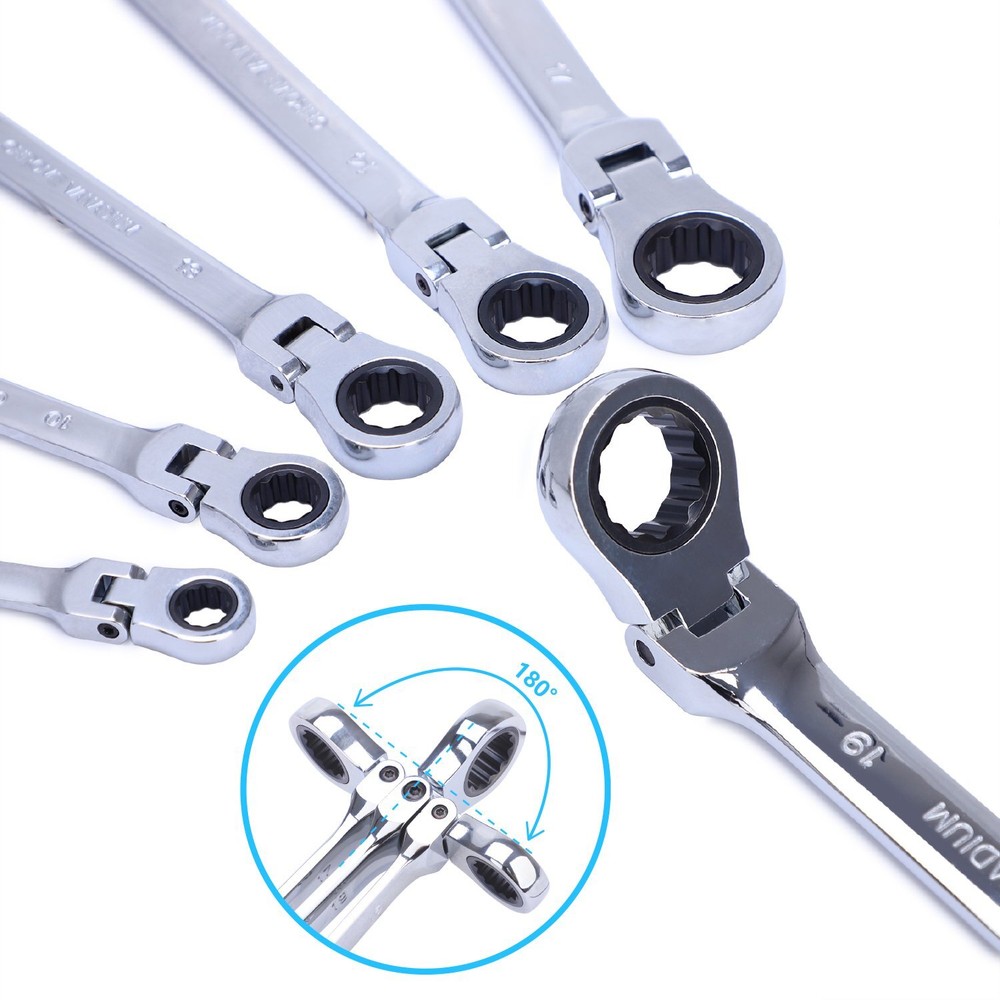 Ratcheting Spanner Set, 6Pcs 8-19mm Multifunction Double Head Metric Flexible