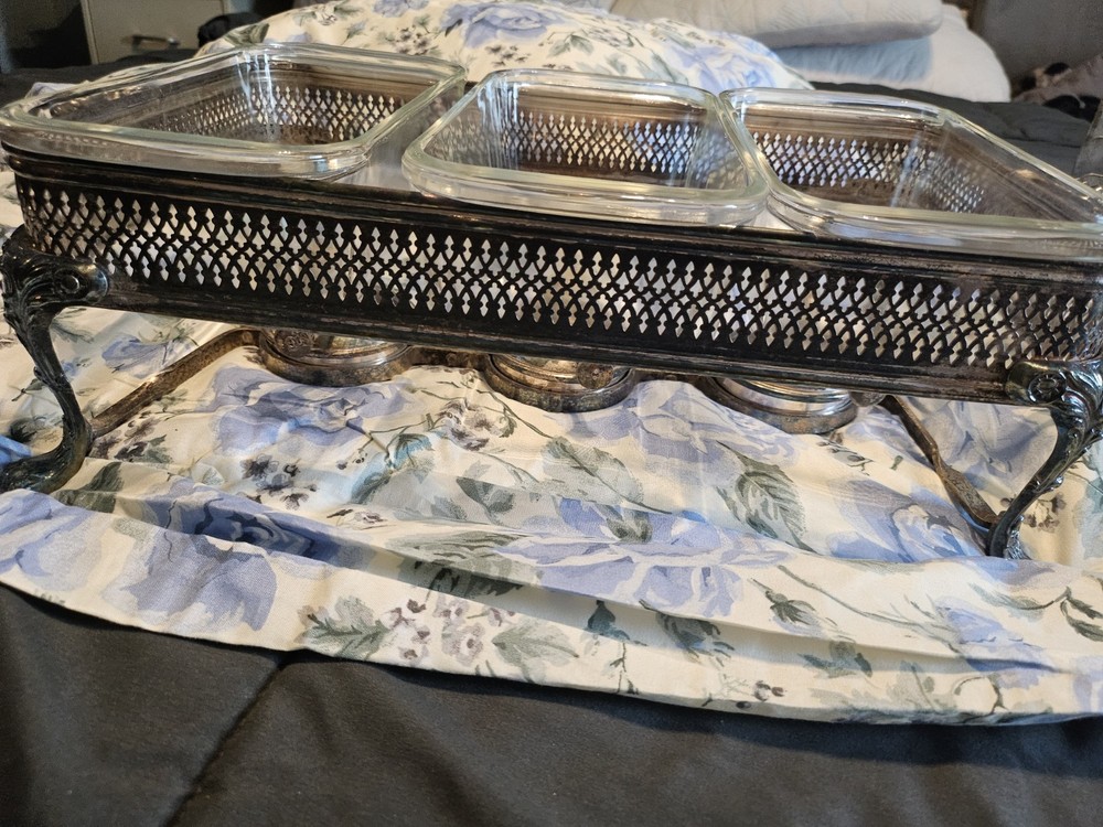 Pyrex 3-Compartment Rectangular Chafing Dish Silver Glass Large w/ Stand 3qt
