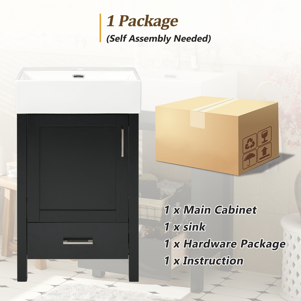 Black Modern Bathroom Vanity with Ceramic Sink, Solid Wood Frame，Storage Drawer