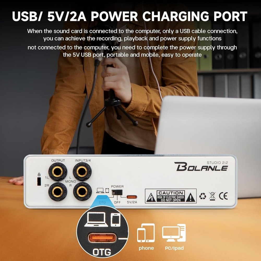 Bolanle Studio 2i2 Audio Interface 24-bit/192kHz, 2 Channel Portable USB