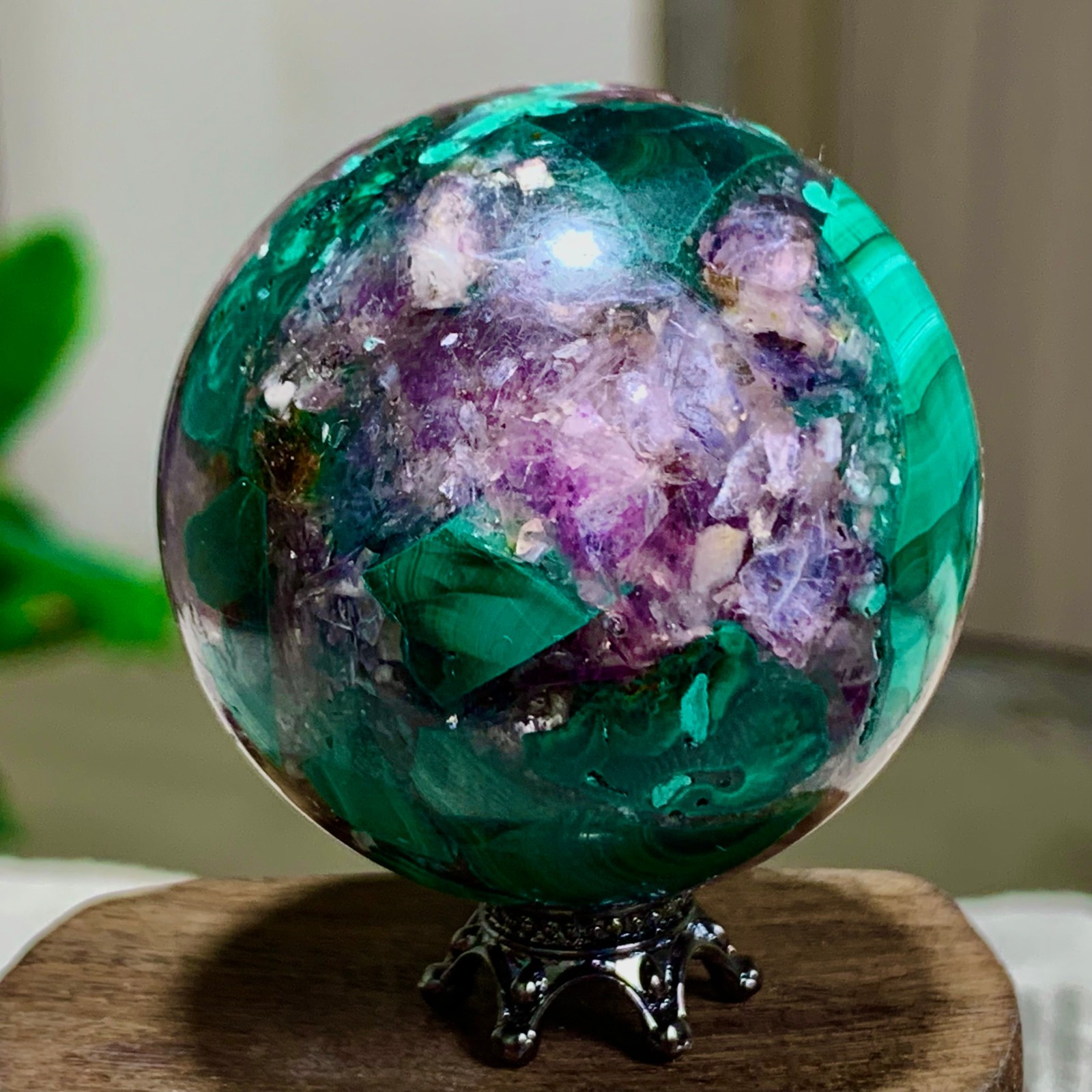 108G Newly discovered rare malachite purple mica symbiotic sphere restoration