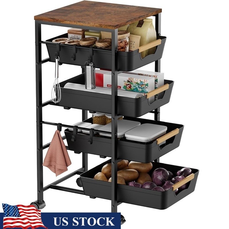 Multi-Functional Rolling Utility Cart W/ Pull-Out Drawers & Ventilated Baskets