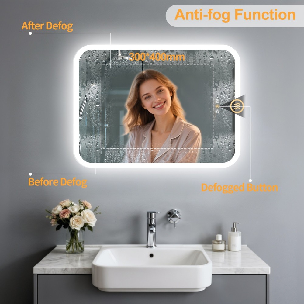 Rectangle LED Bathroom Mirror w/ Bluetooth Speaker Dimmable 3 Colors Wall Mirror