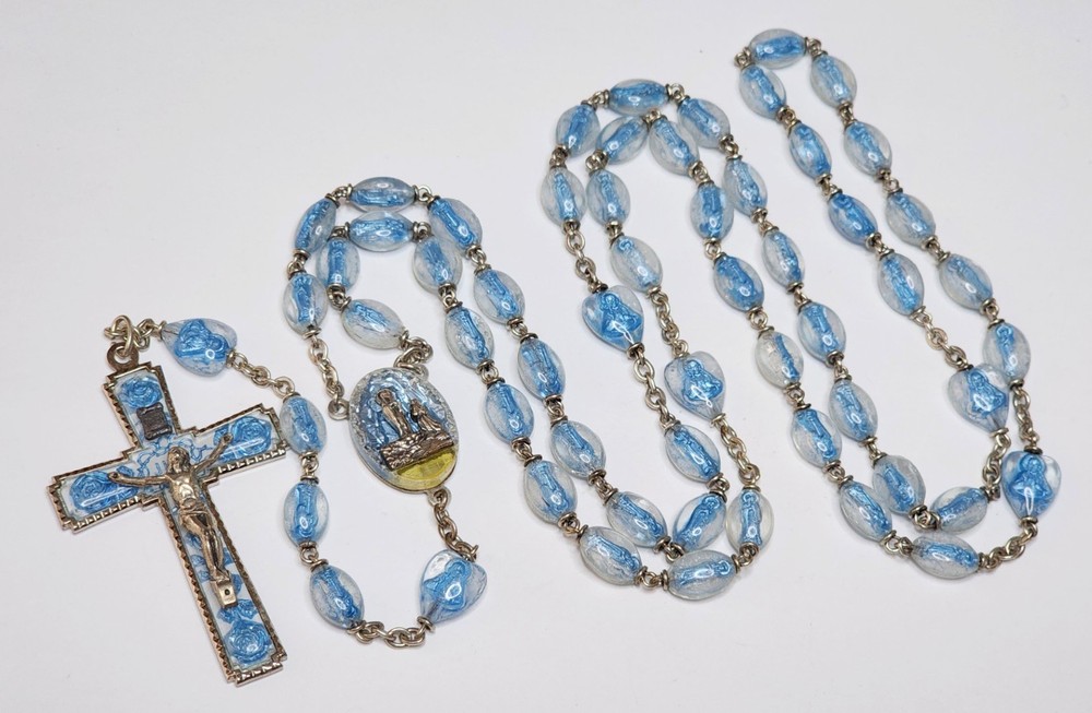 Vintage Lourdes Legatura Alpacca Brevetto Blue Lucite Bubble Bead Rosary Italy