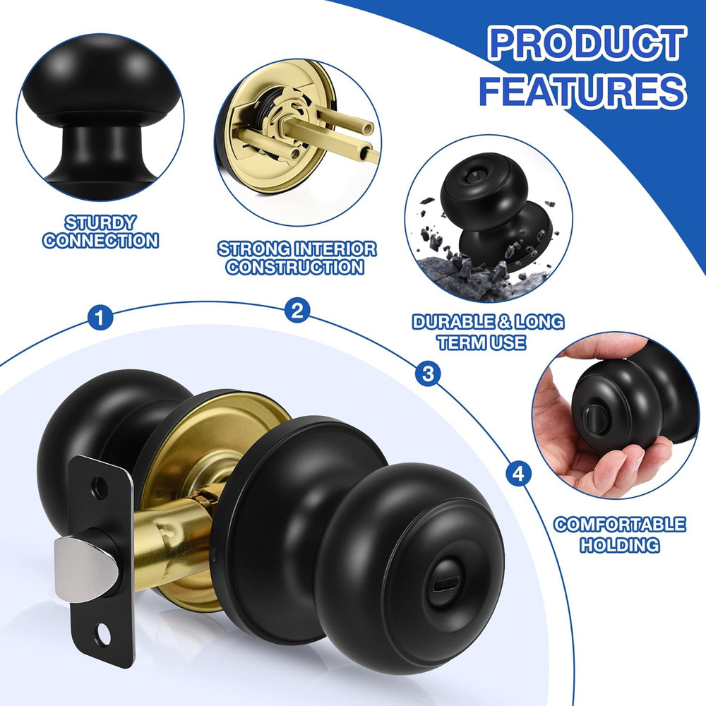 8-Pack Matte Black Interior Door Knobs – Round Ball Privacy Knobs with Lock