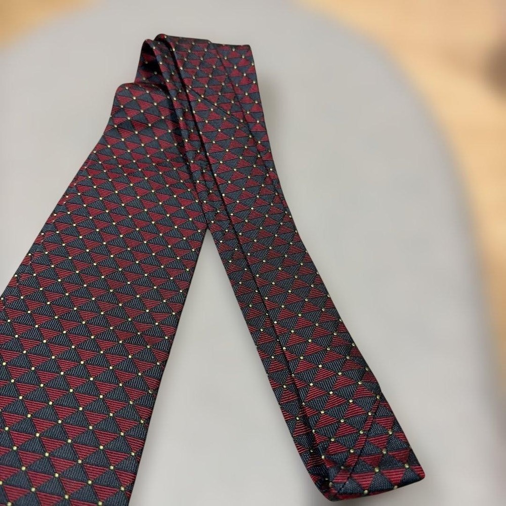 HERMES Silk Tie Red Navy Diamond Pattern