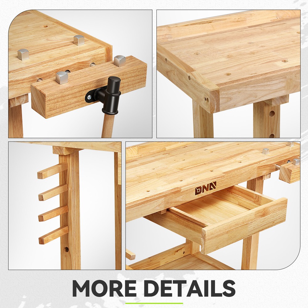 Solid Rubber Wood Workbench Work Desk w/ Drawer + Open Space + Adjustable Handle