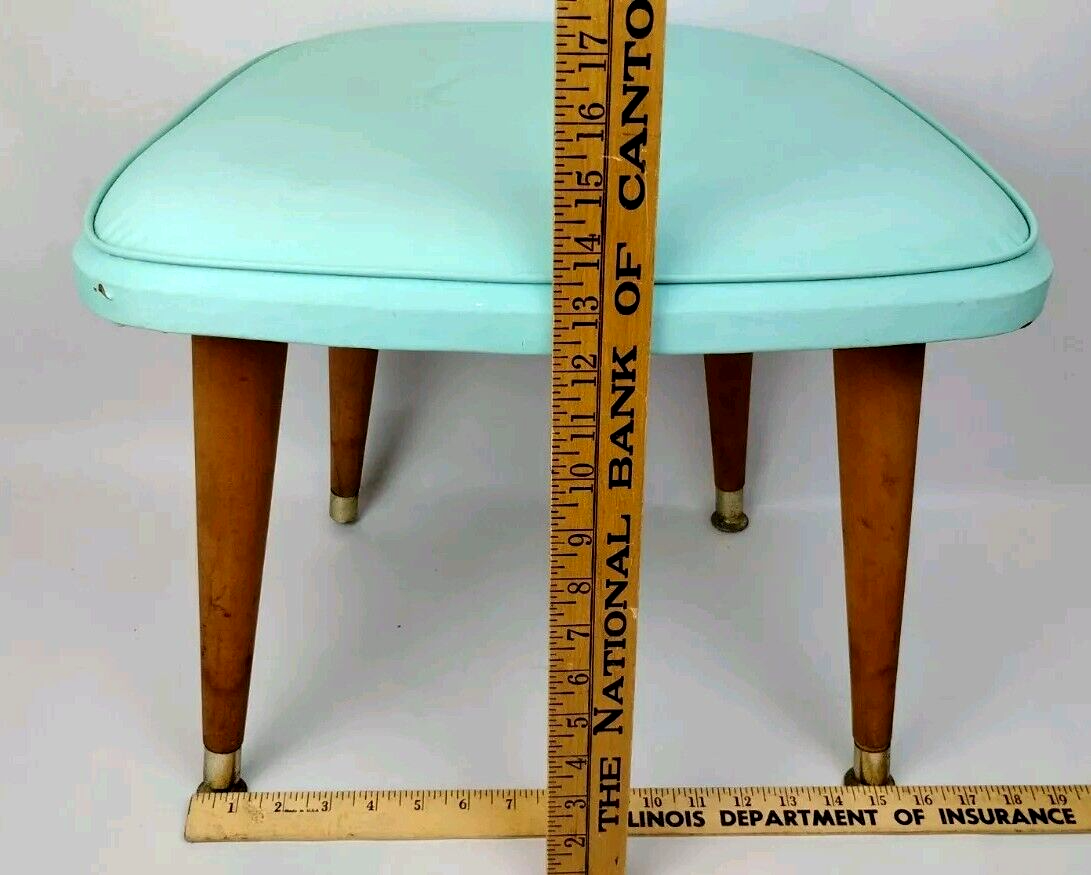 1963 Daystrom Atomic MCM Aqua Blue Vinyl Foot Stool 14" Tapered Peg Leg Gold Tip