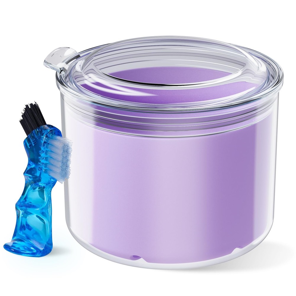 Denture Bath Cup with Cleaning Brush, Large Soaking Container Purple