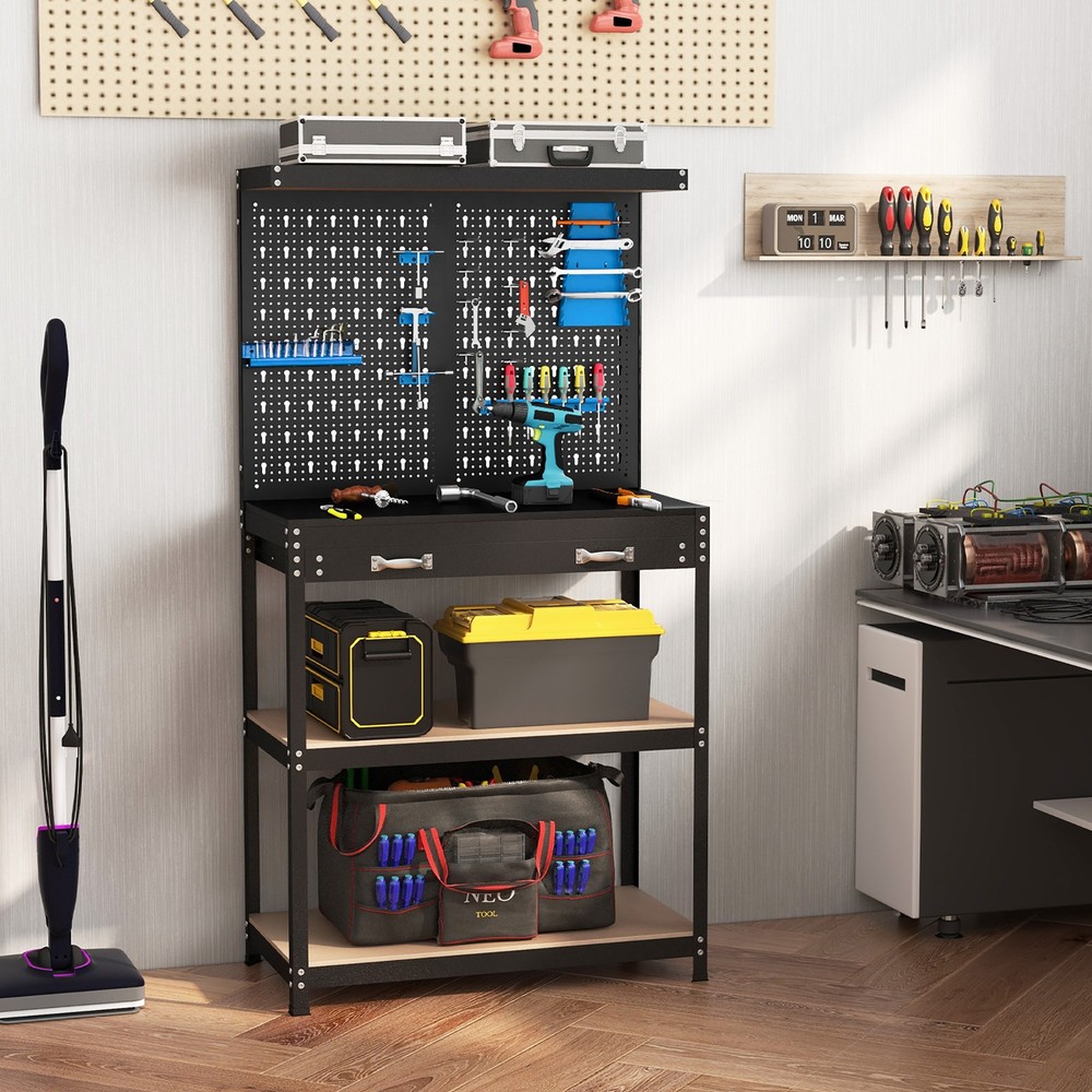 Multi-use Workbench w/ 2 Shelves Heavy-Duty Work Table Tool Storage Bench Black
