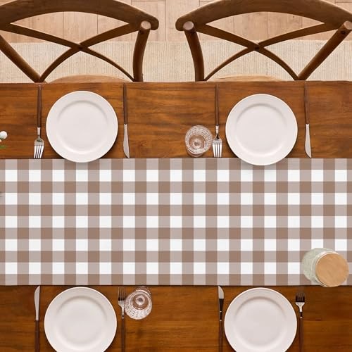 Gingham Table Runner Light Brown and White Checkered Birthday 13" x 72" Khaki