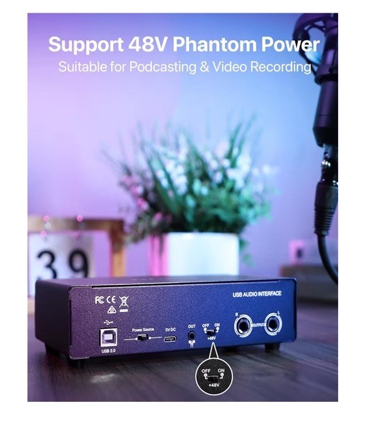 2x2 USB-C Audio Interface for PC/Mac Recording, 24-bit/192kHz, Dual TS/XLR Input