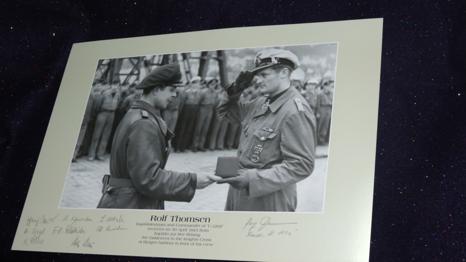 Rolf Thomsen: U-Boat Cpt. Multi-signed print! Signed by 8 plus Thomsen. Superb!!