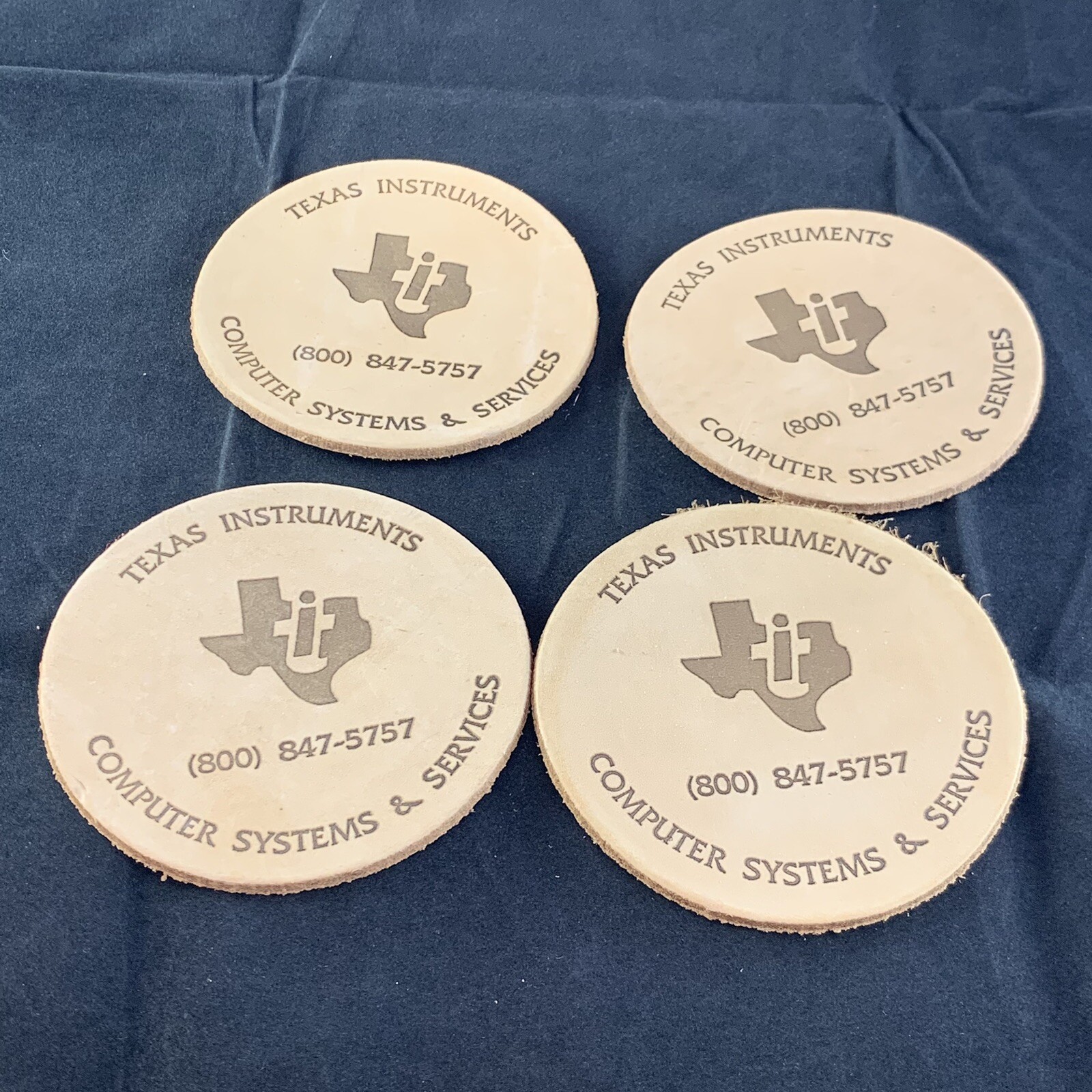 Vtg Texas Instruments Leather Coasters Set Of 4 Advertisement Computer Systems