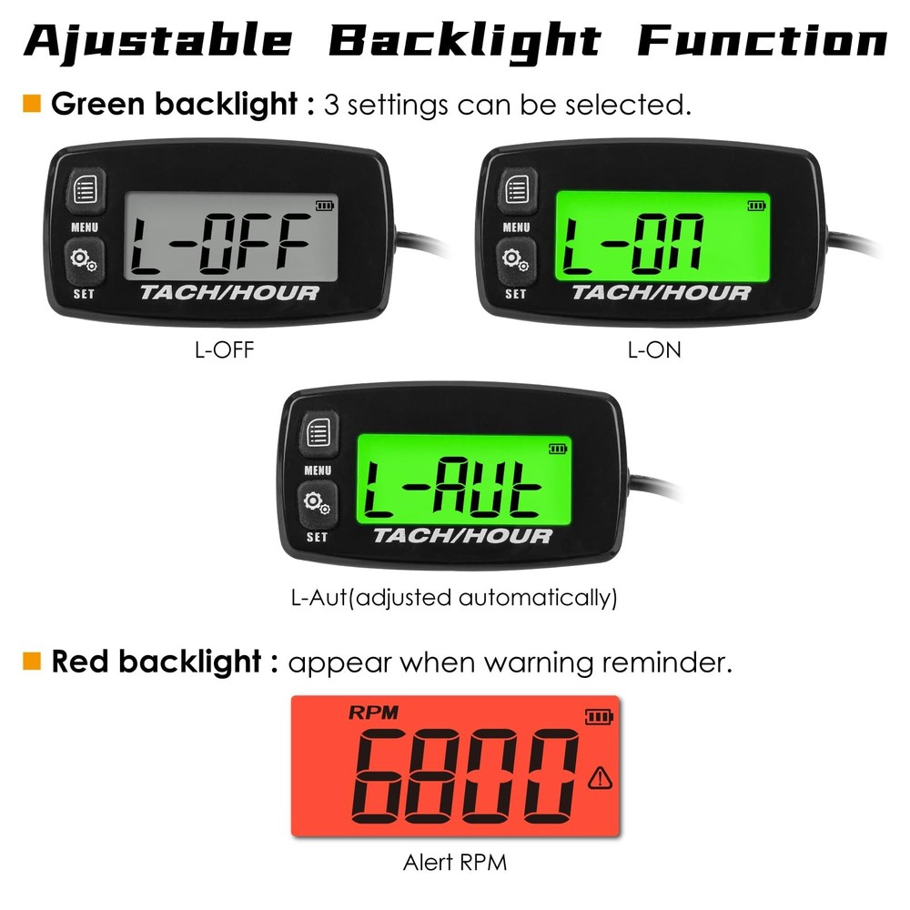 Self-Powered Tacho/Hour Meter,Built-in Replaceable Battery,Ajustable Backligh...
