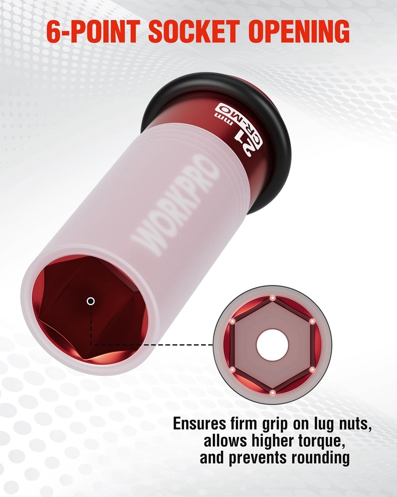 WORKPRO 1/2" Drive Lug Nut Impact Duty Socket 21mm Deep Thin Wall Socket for Car
