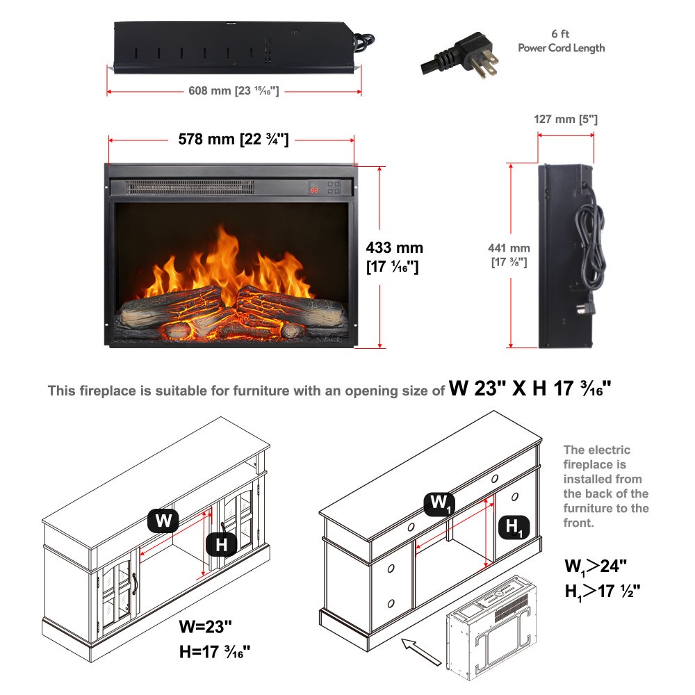 Fireplace with log set Features flame effect Timer function Overheat protection