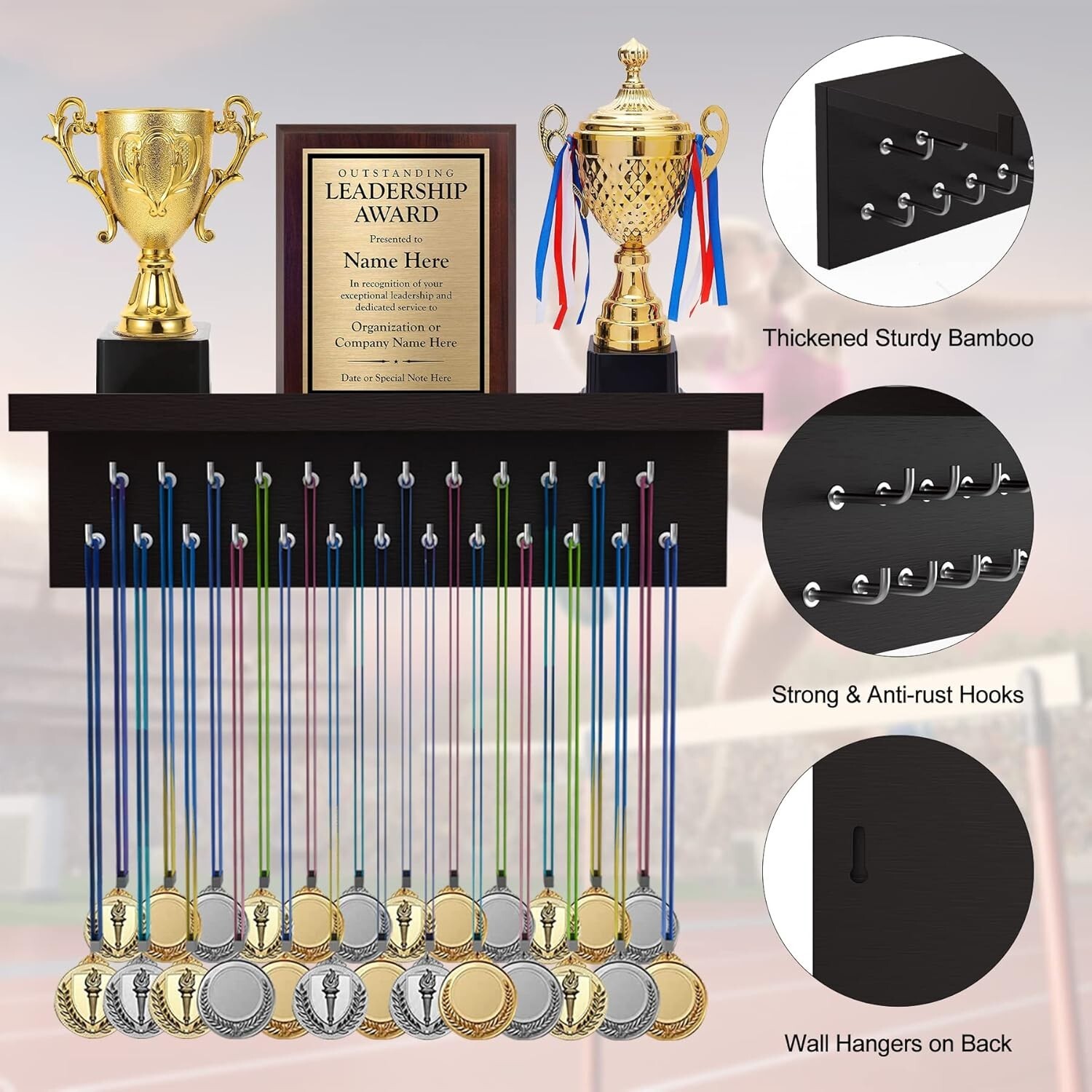 Medal Hanger Display, Non-Slip Trophy Shelf with 25 Hooks, Wall Mount Ribbon Med