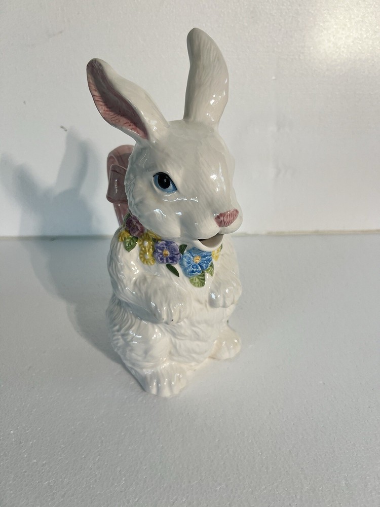 Ceramic White Easter BunnyPitcher Creamer Spring FloralDecor 12 Ounce
