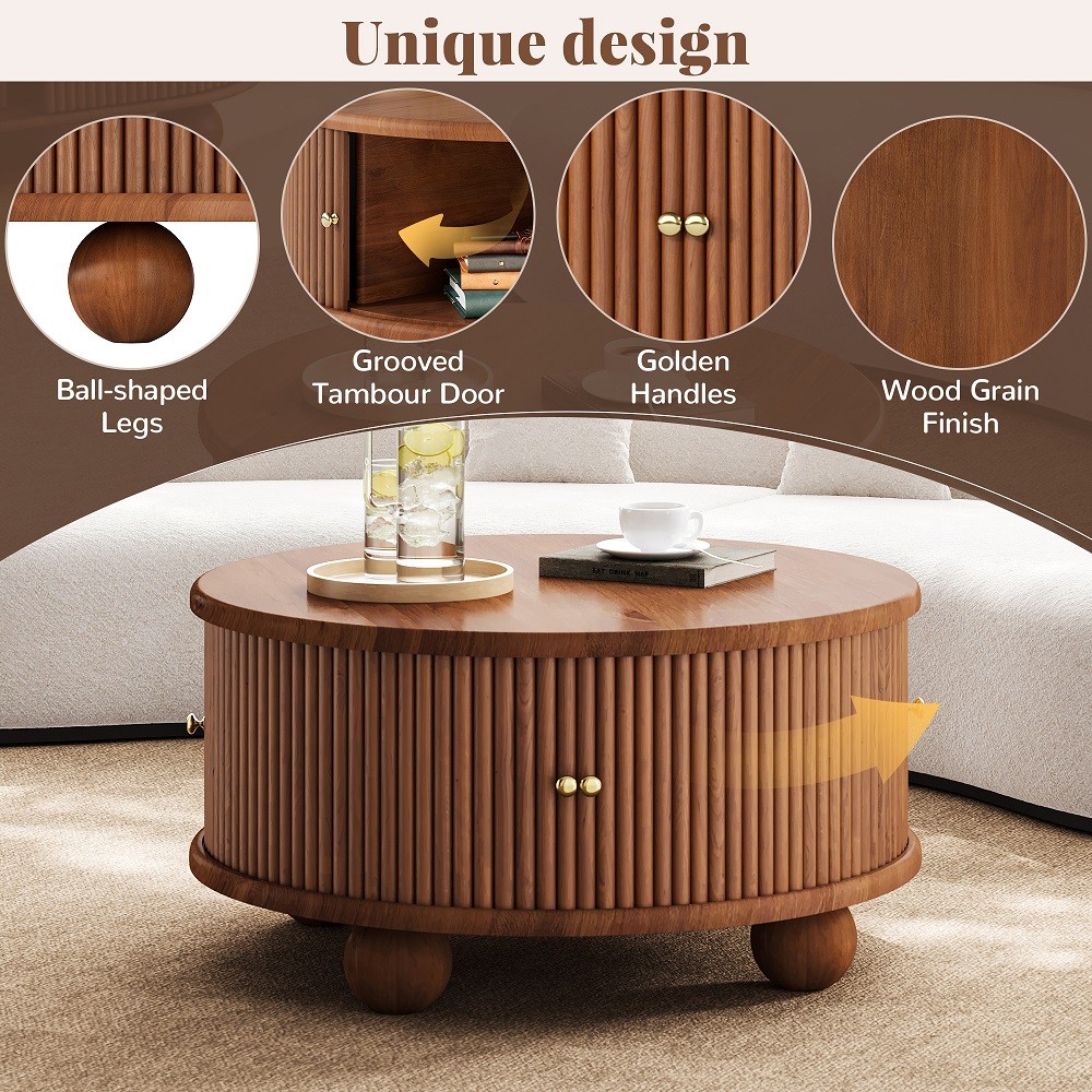 Round Fluted Coffee Table with Storage Pine Solid Wood Sliding Door Walnut Color