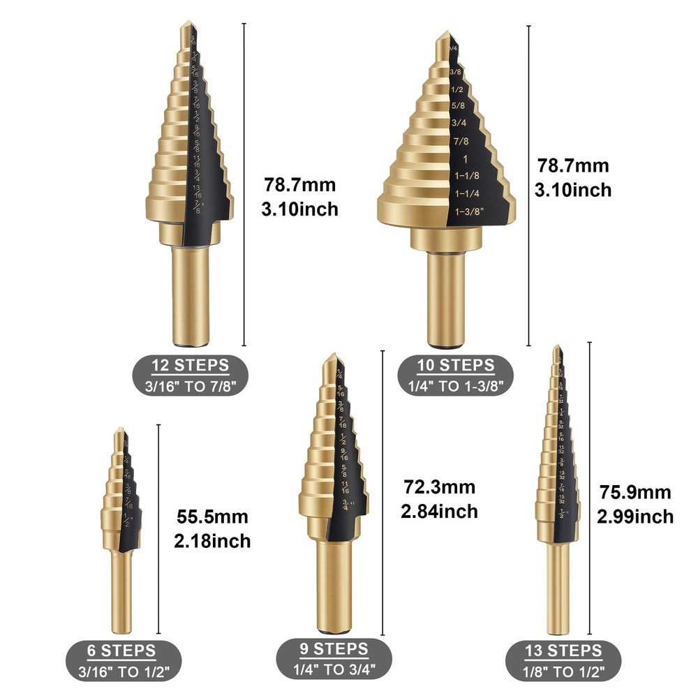 OSTTE Step Drill Bit Set 5PCS, 50 Sizes HSS Titanium Coated 5PC Set, Black