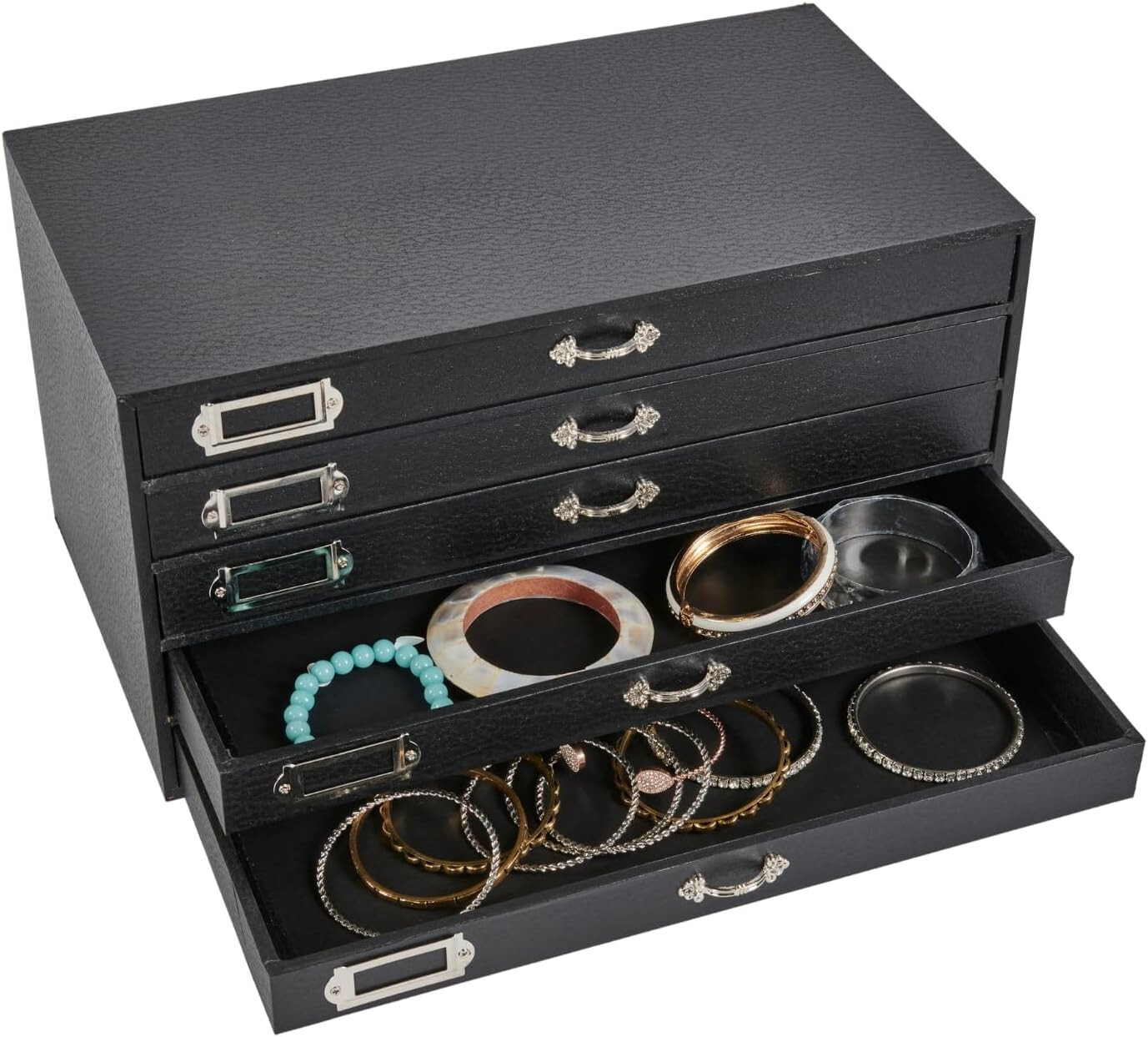 Jewelry Storage Organizer Case Cabinet 5 Drawer Black Faux Leather 15" x 8"