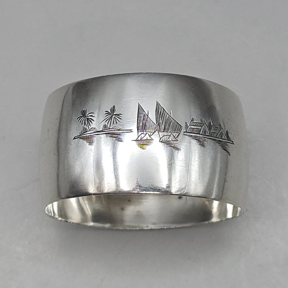 Antique Solid Silver Napkin Ring Engraved Landscape Scene