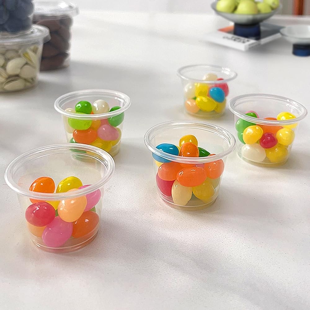 120 Sets - Small Plastic 1oz Condiment Cups with Lids, Portion for Clear