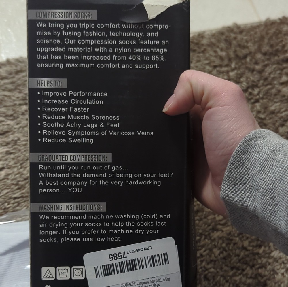 CHARMKING Compression Socks L/XL White Graduated Compression Machine Washable