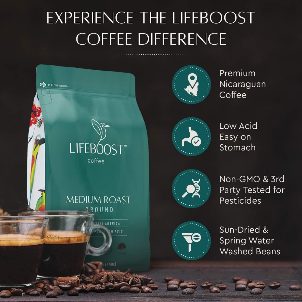 Lifeboost Coffee 3 Pack Medium Roast Ground Coffee - Low Acid Single Origin US