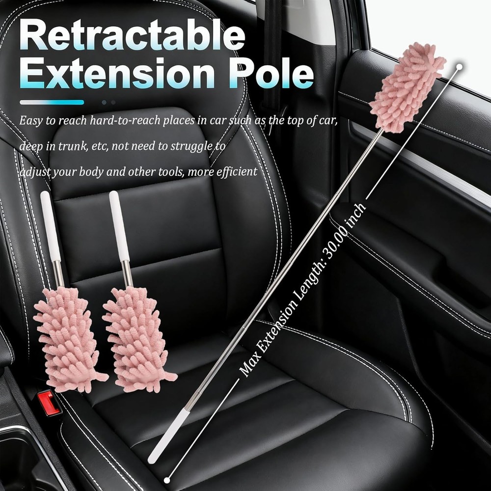 2PCS Car Interior Duster Pink Microfiber with Bendable Head & Retractable Pole