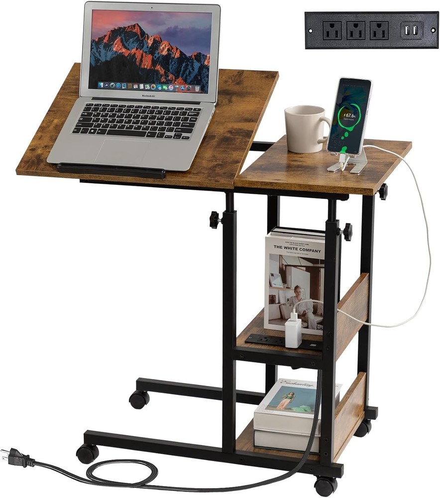 Adjustable C Table W/ Charging Station Tiltable Desk C Shaped End Table Couch