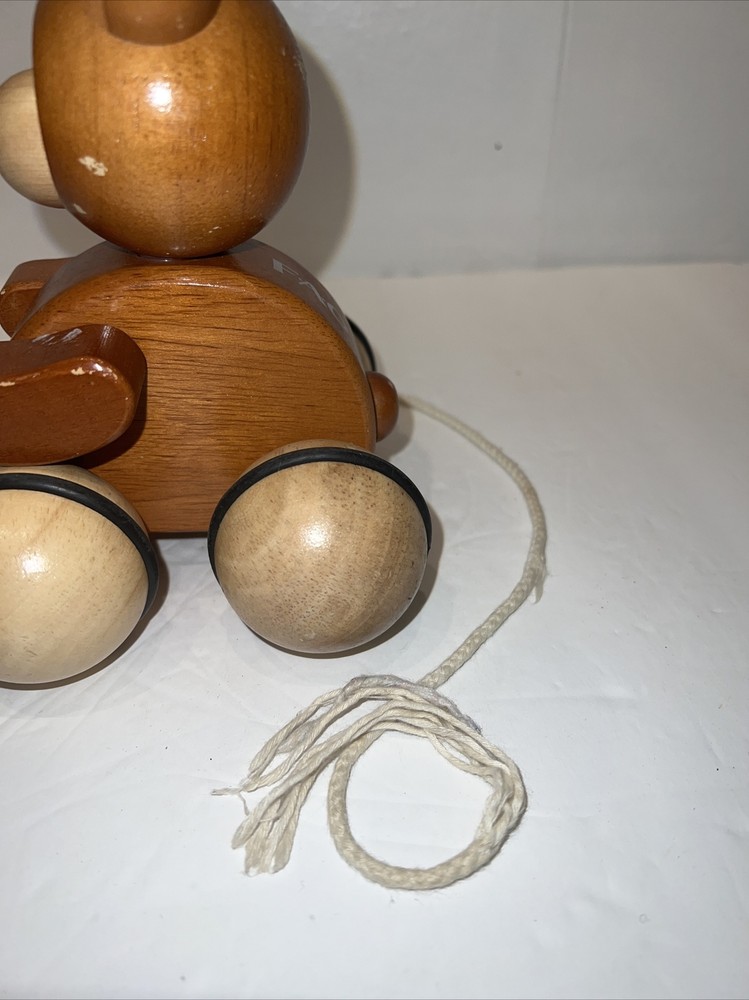 FAO Swartz Teddy Bear Wooden Brown Pull Toy EUC