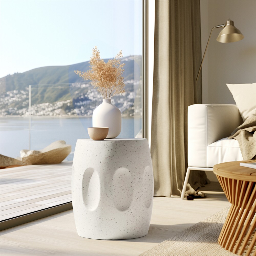 Off-white Round End Table Coffee Sofa Side Table Drum Shape Solid Concrete