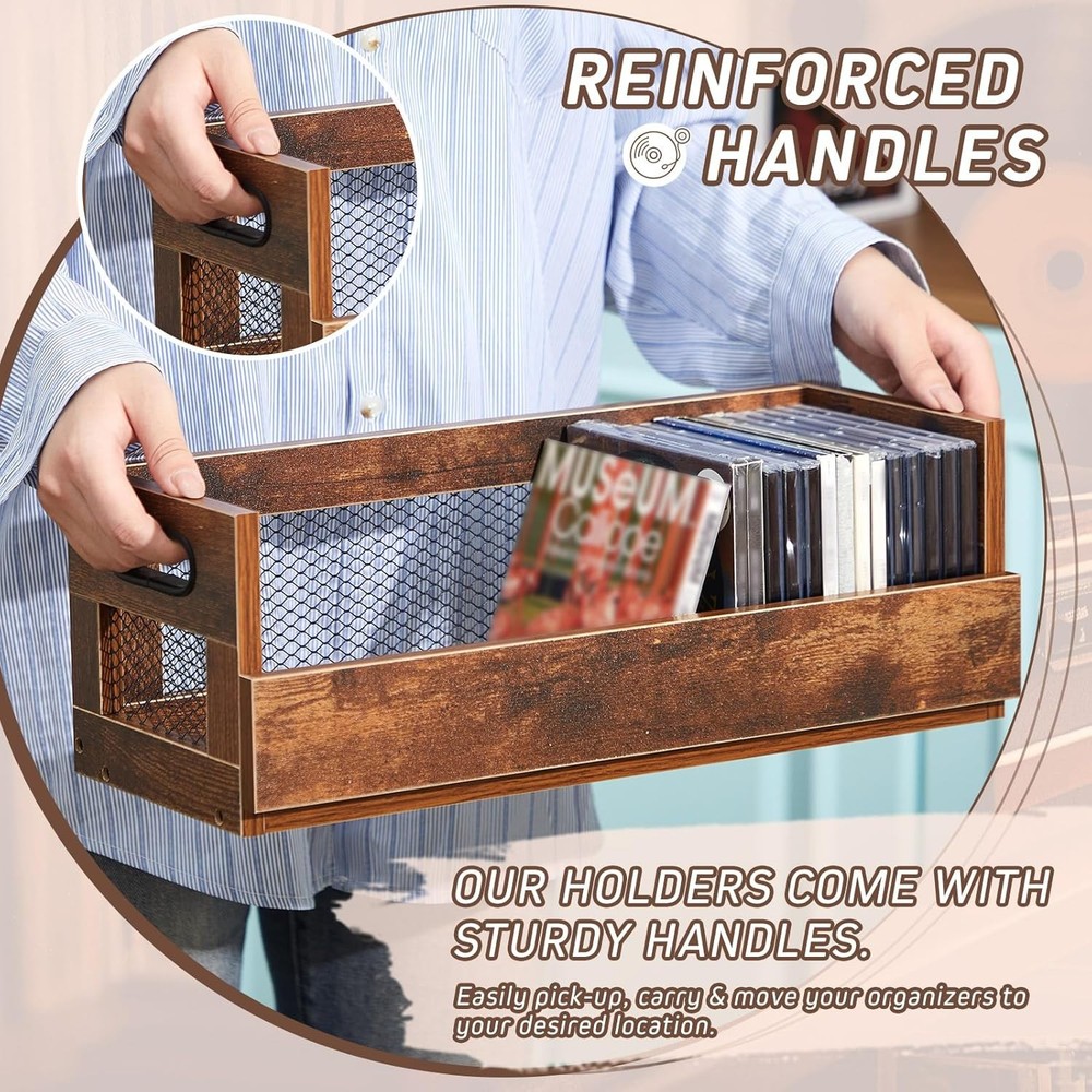 2 Set Metal & Wooden Stackable Tabletop Storage Shelf DVD & CD Storage Box