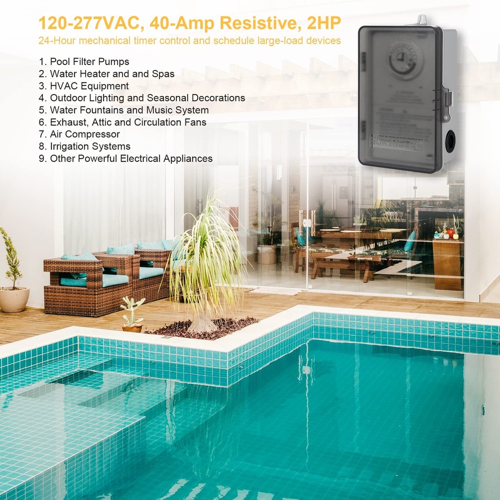 Pool Timer, 24-Hour Cycle Mechanical Timer Switch, 40 AMP, 2HP, 120, 240, 277...
