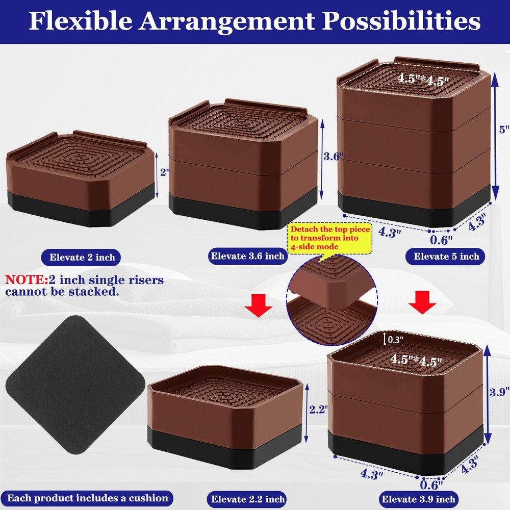 4 Pack Wide Base Bed Risers 2 Inch Stackable Furniture Lifts Support 6000lbs