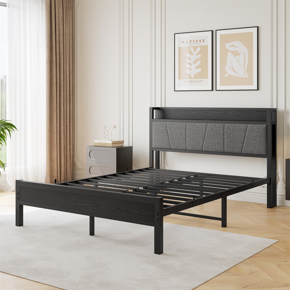 Queen Size Bed Frame Metal Platform Bed w/ Storage Headboard & Charging Station