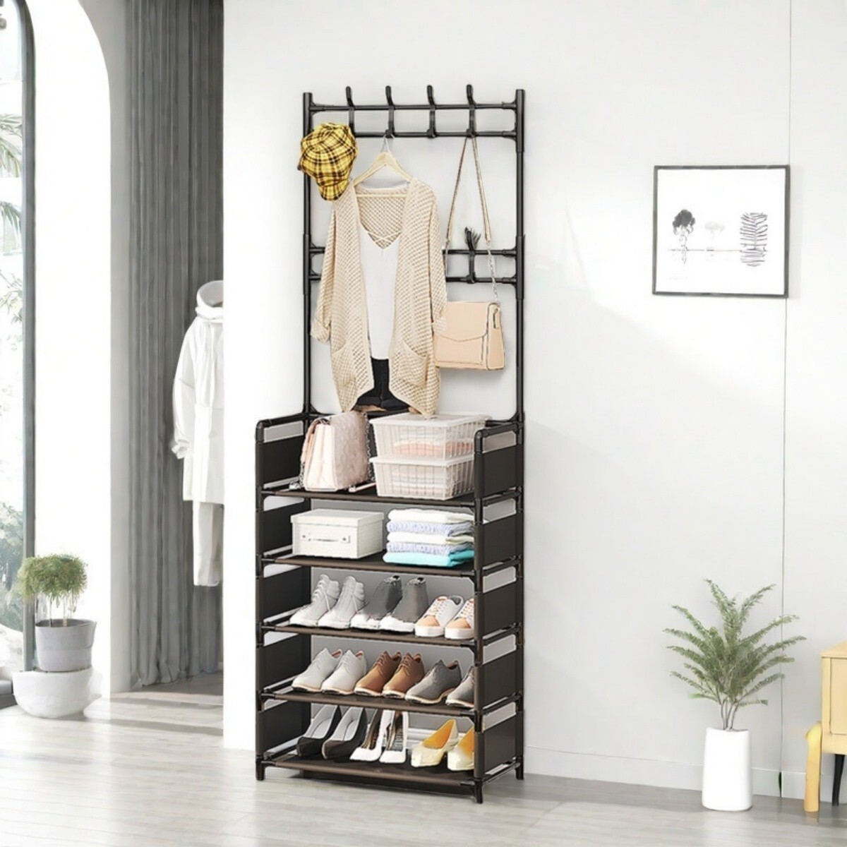 Coat Rack with Shoe Storage,5-Tier Shoe Rack and 8 Clothes Hooks Coat Rack Black