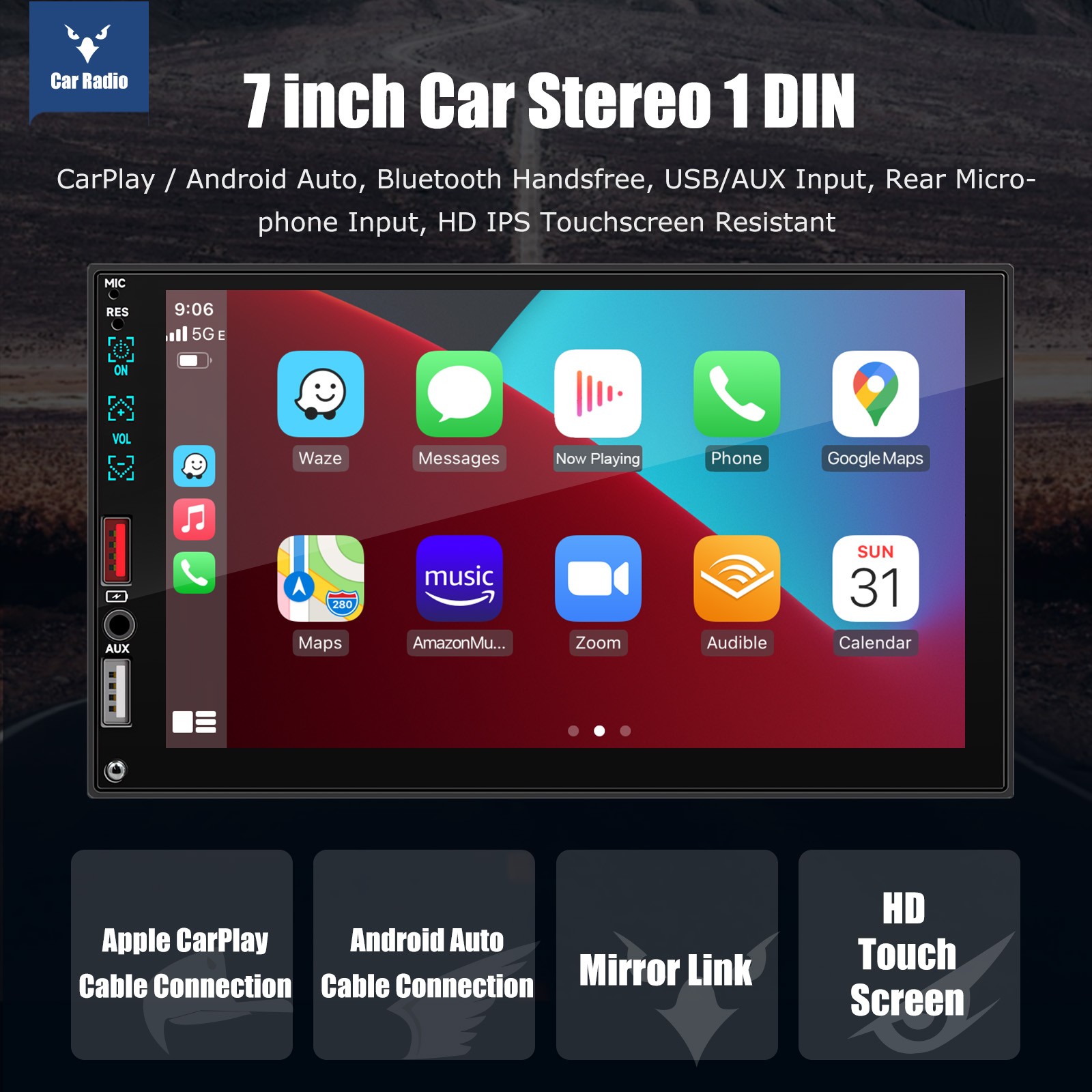 Single 1 Din Car Stereo Apple CarPlay 7" Touchscreen Bluetooth Radio SWC USB FM