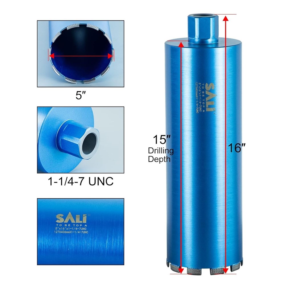 SALI 5" Diamond Core Drill Bit 1-1/4-7 Thread 15" Depth