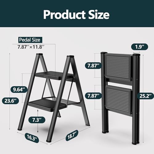 Step Ladder for Home, Foldable Step Stool for Kitchen with Non 2 Step Black