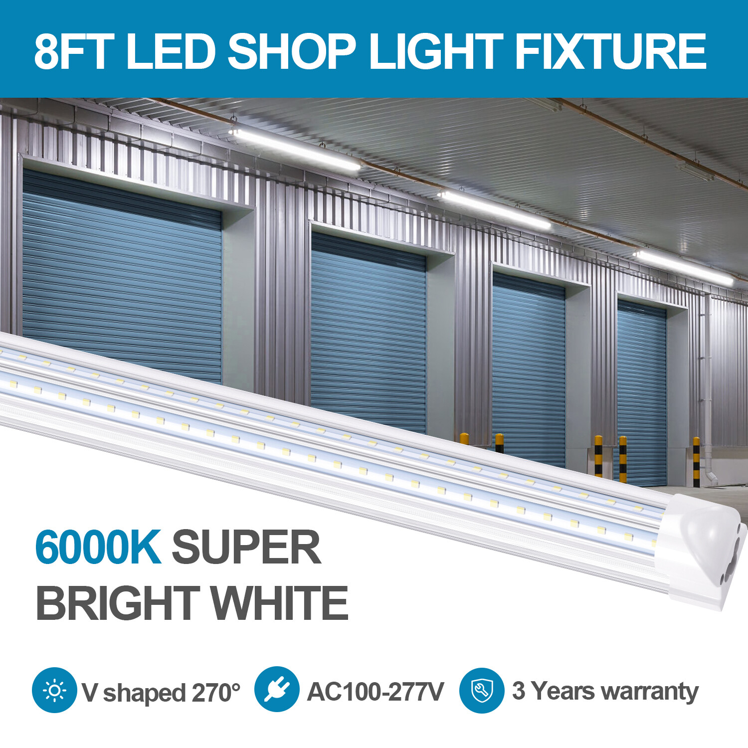 T8 LED Tube 8FT Garage Warehouse Light 8 Foot Linkable LED Shop Light Fixture